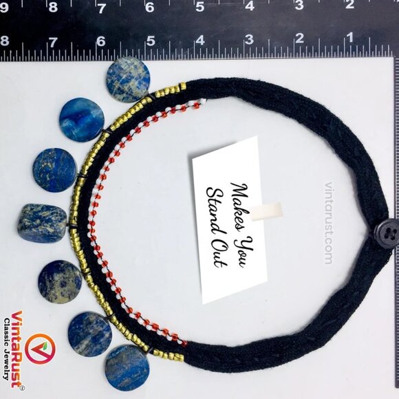 Tribal Choker Necklace With Dangling Lapis Lazuli Stones, Vintage Lapis Stone - Picture 9 of 10